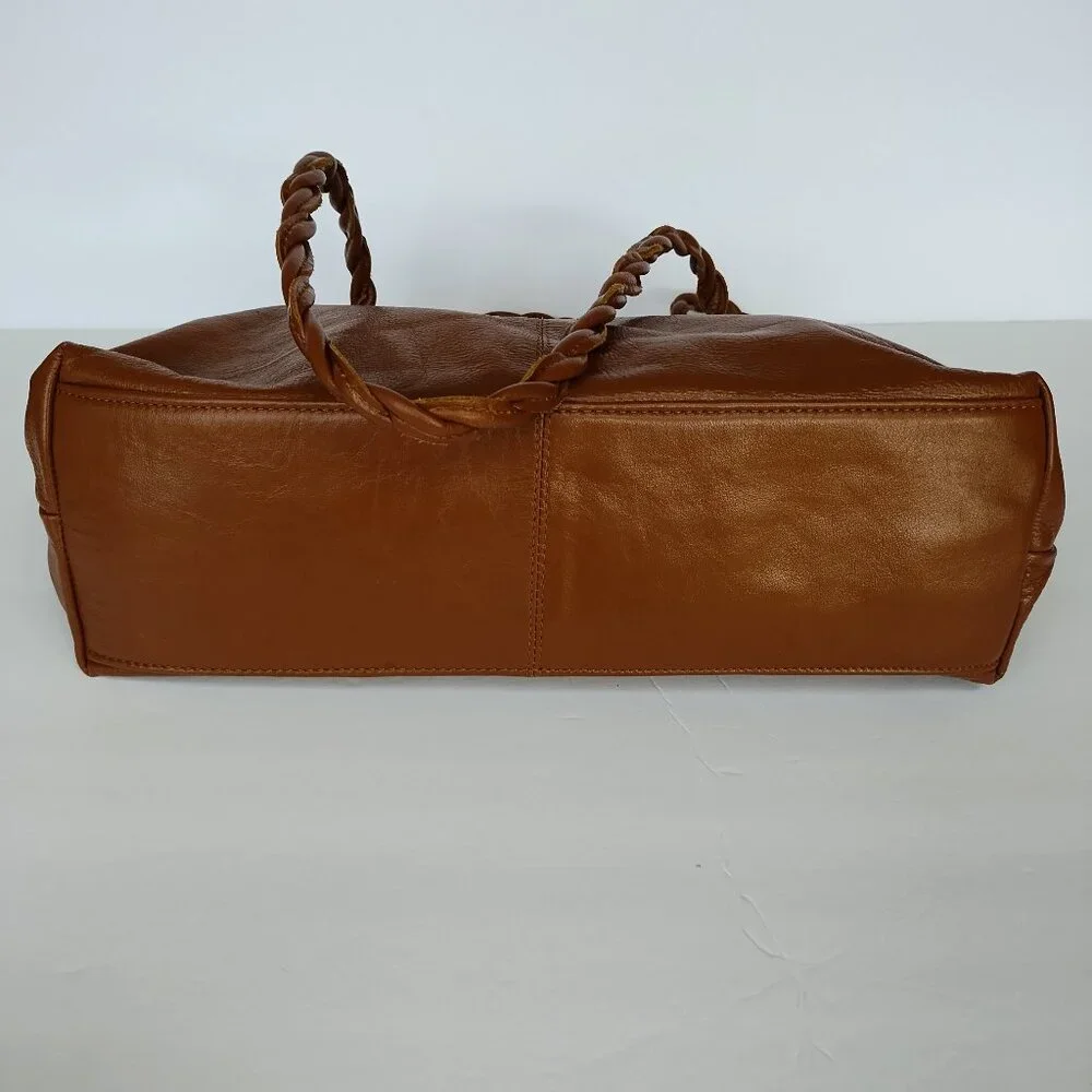 Latico Women's Brown Glossy Leather Tote Bag Purse With Braided Handles - Picture 11 of 16